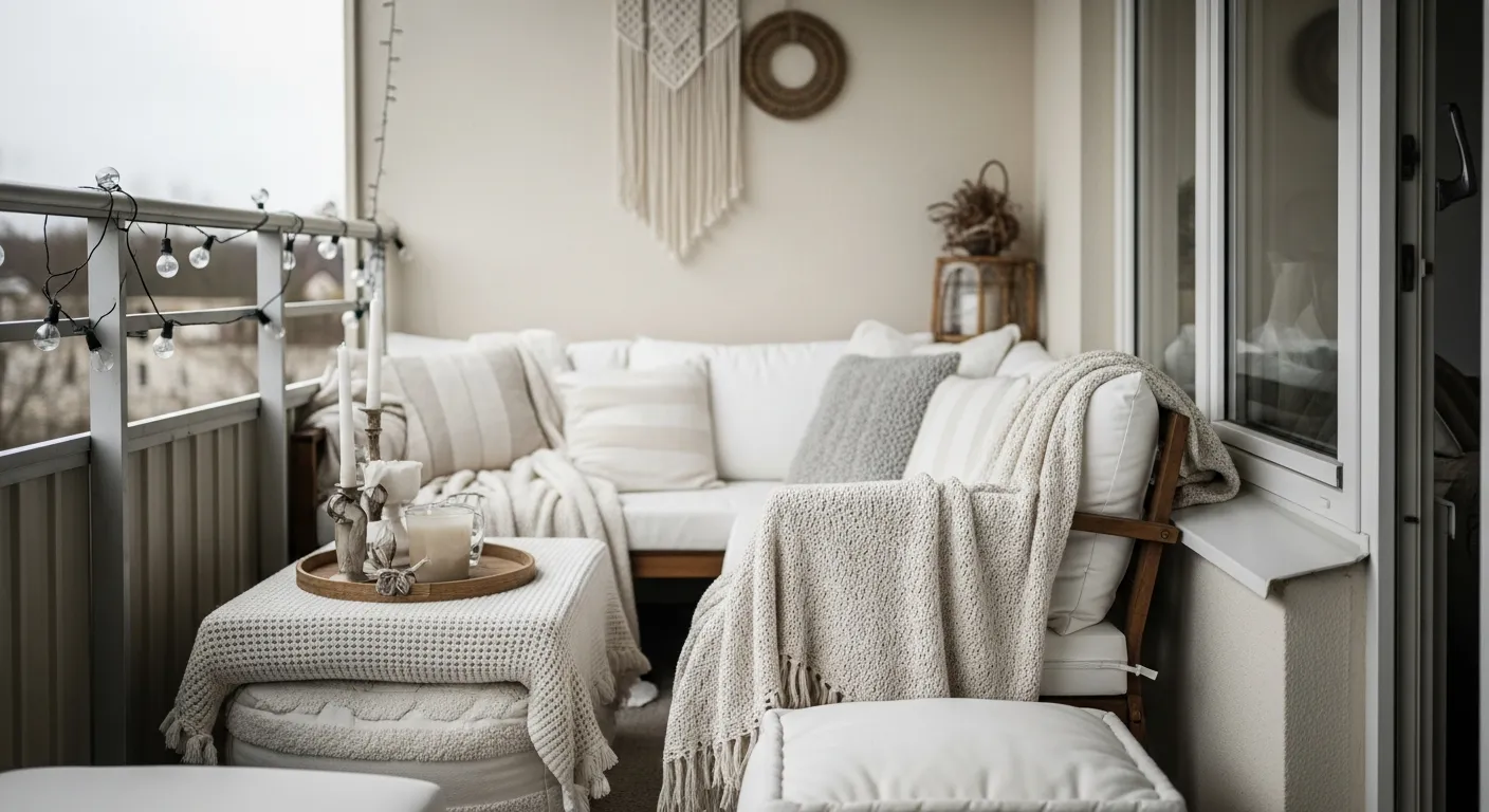 Budget-friendly white bohemian outdoor balcony ideas featuring textured pillows and woven rugs