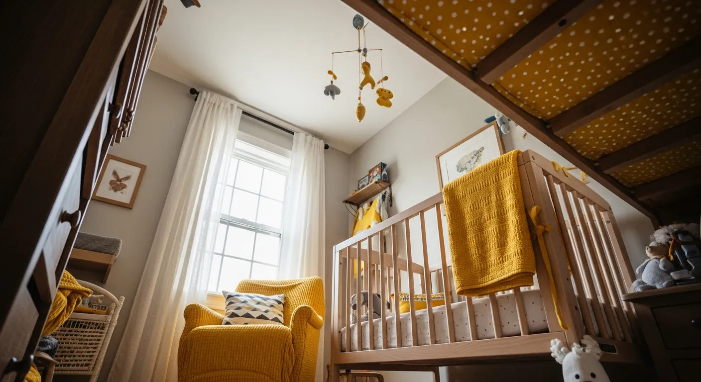 Farmhouse style nursery room featuring soft buttercream yellow walls and natural window light