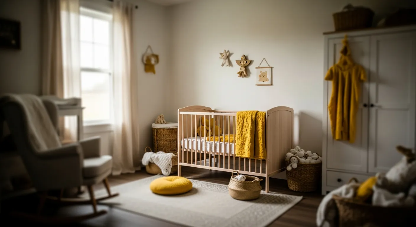 Cozy farmhouse nursery featuring soft yellow walls and vintage wooden decor ideas
