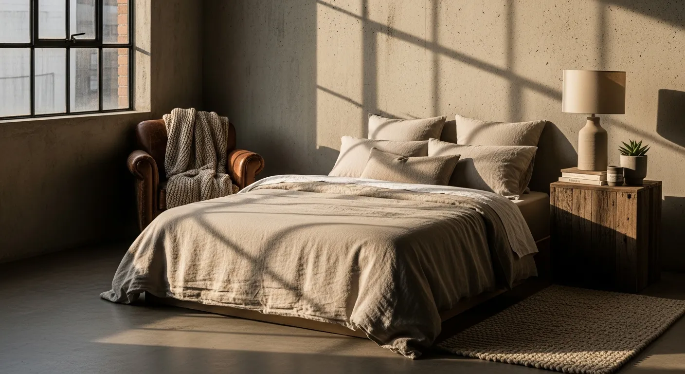 Color palette inspiration for industrial bedroom ideas showing a mix of warm beige walls and dark charcoal metal accents