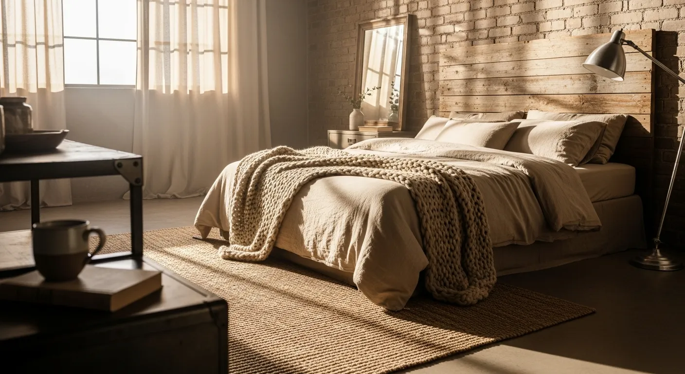 Everyday industrial bedroom ideas with exposed textures, beige linens, and warm ambient light
