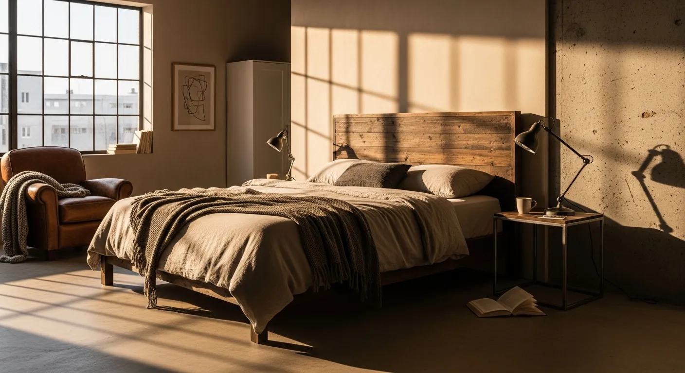 Step-by-step design for industrial bedroom ideas using cozy beige layers and exposed brick