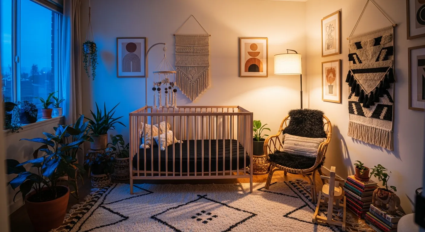 Bold black nursery backdrop perfectly highlighting warm rattan baby furniture and soft macrame room details