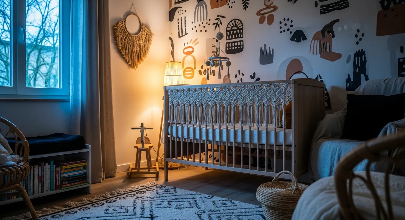 Bohemian style kids room featuring moody black design accents, organic woven textures, and warm natural wood furniture