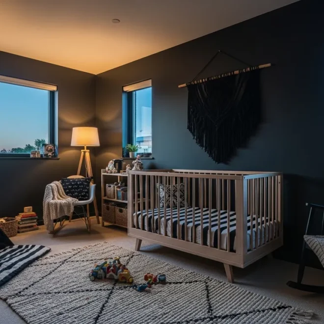 Bohemian nursery featuring a bold black accent wall, rattan crib, and cozy textured textiles.