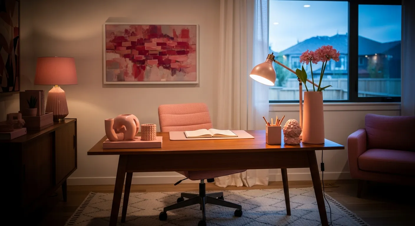 Beautiful color palette in a blush pink mid-century modern home office featuring a warm walnut wood desk