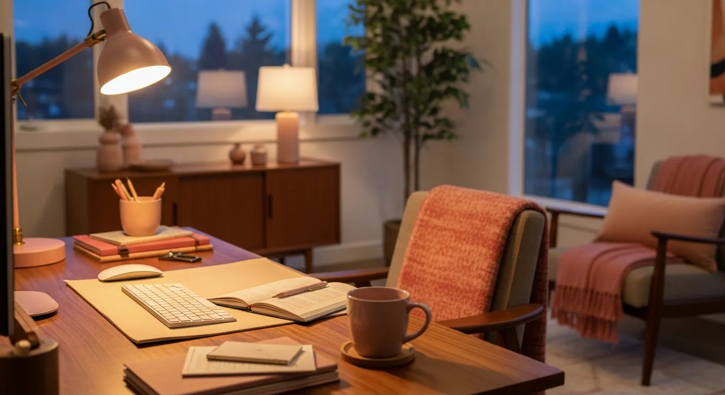A premium mid-century modern home office workspace featuring a sleek wooden desk and stylish blush pink walls
