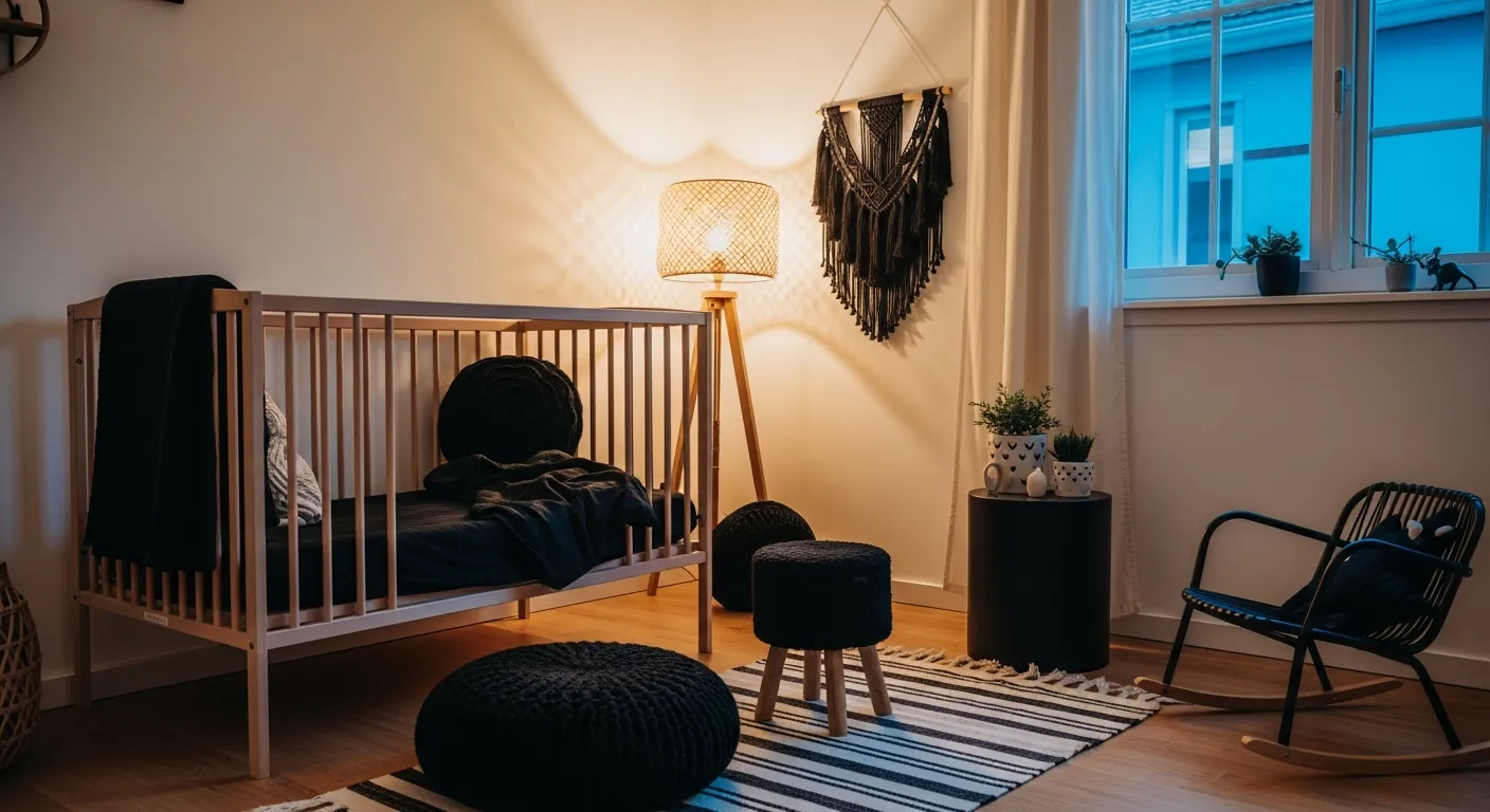 Dark moody bohemian nursery accent wall paired with woven rattan baby furniture and textured rugs
