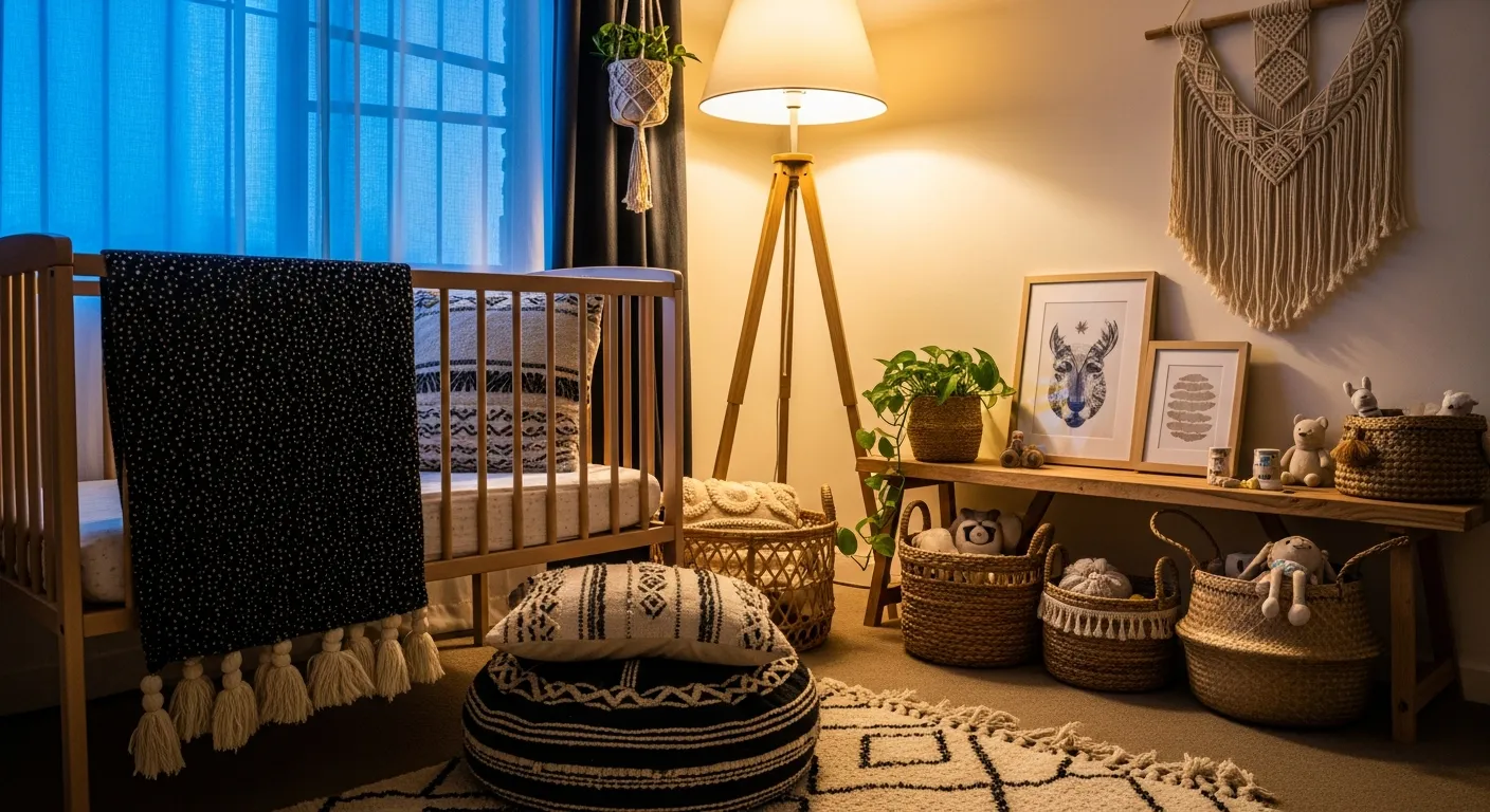 Boho nursery decor displaying striking black accents, natural woven baskets, and cozy layered blankets