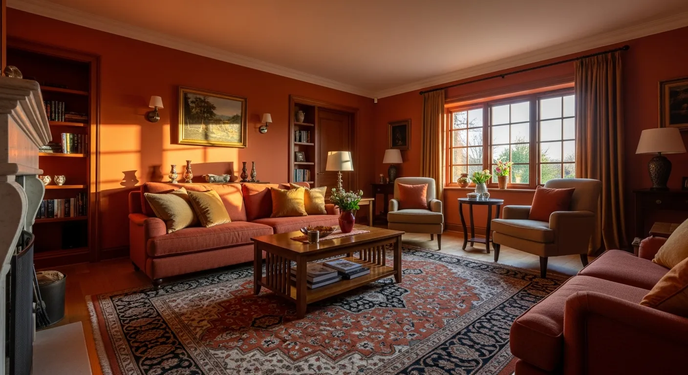 Classic Luxury Living Room ideas featuring rich burnt orange velvet seating and the psychology of color