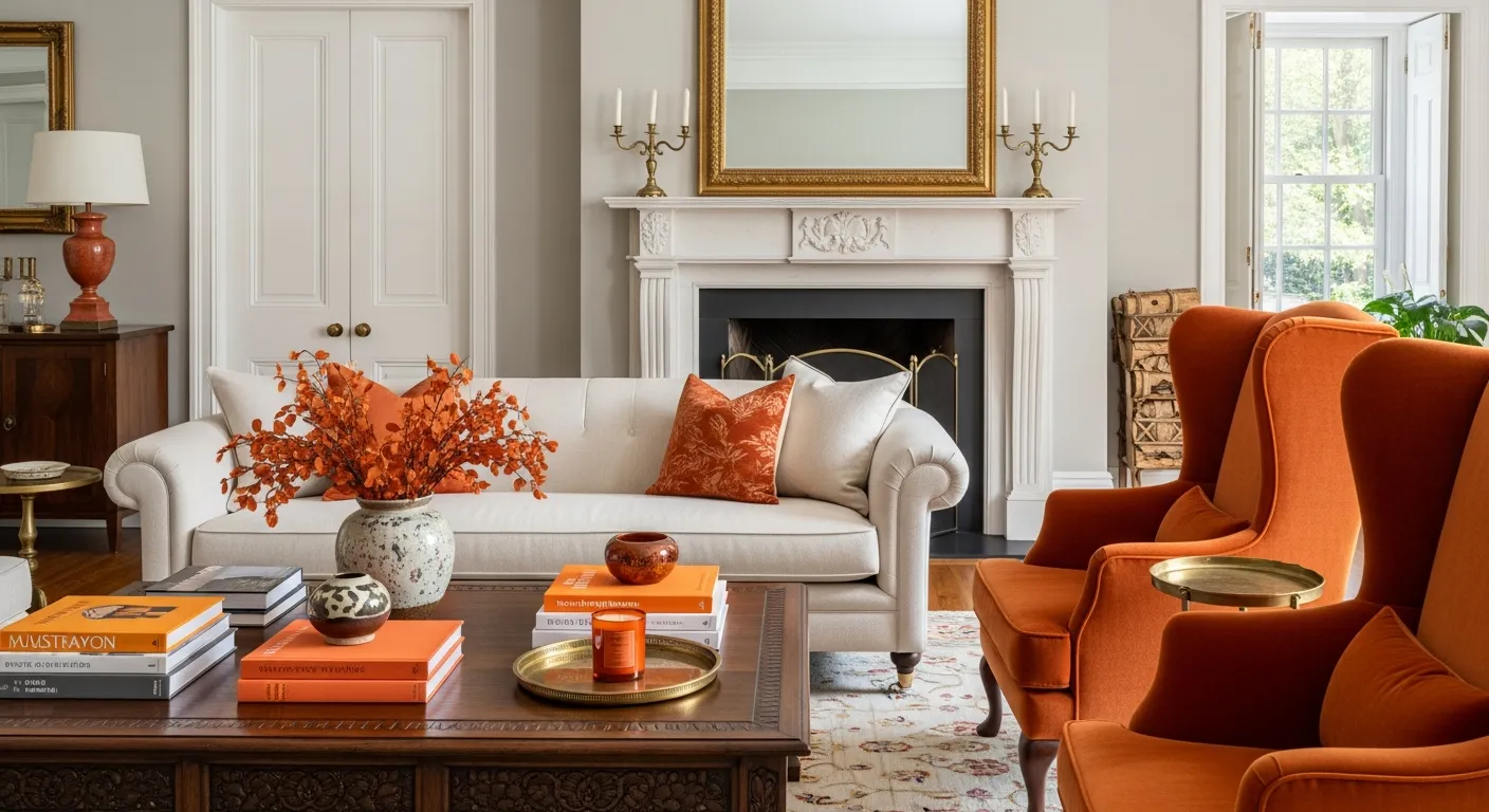 Stunning color combinations for Classic Luxury Living Room ideas using burnt orange and gold accents