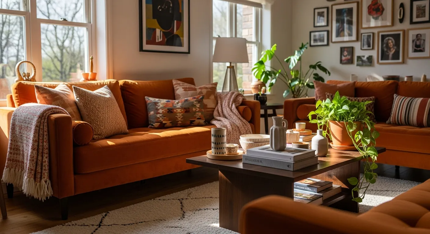 Styling tips and elegant decor for Classic Luxury Living Room ideas with warm orange tones