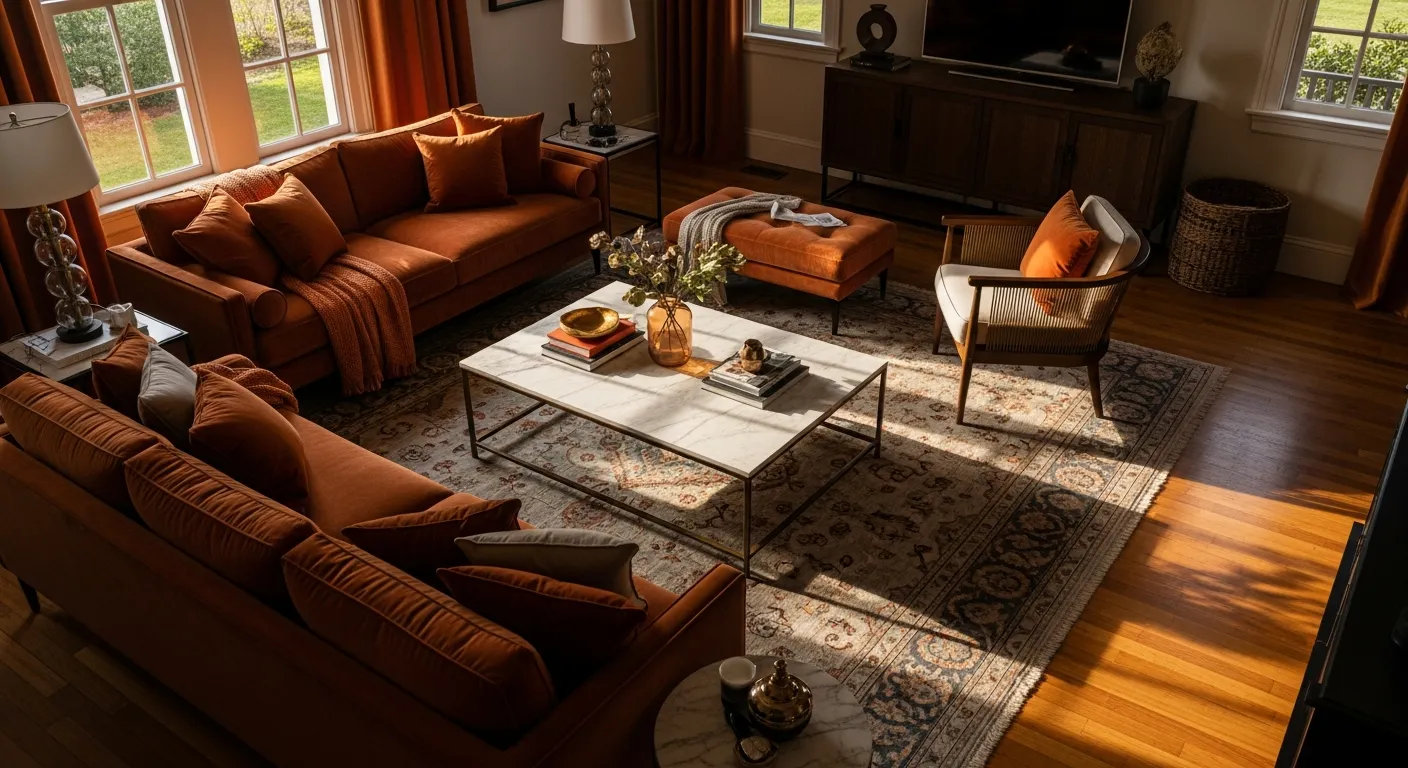 Classic luxury living room featuring burnt orange velvet sofas and vintage gold accents
