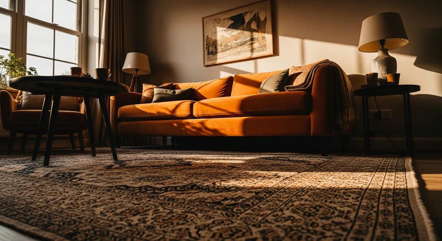Luxurious classic living room with burnt orange velvet accents and gold details