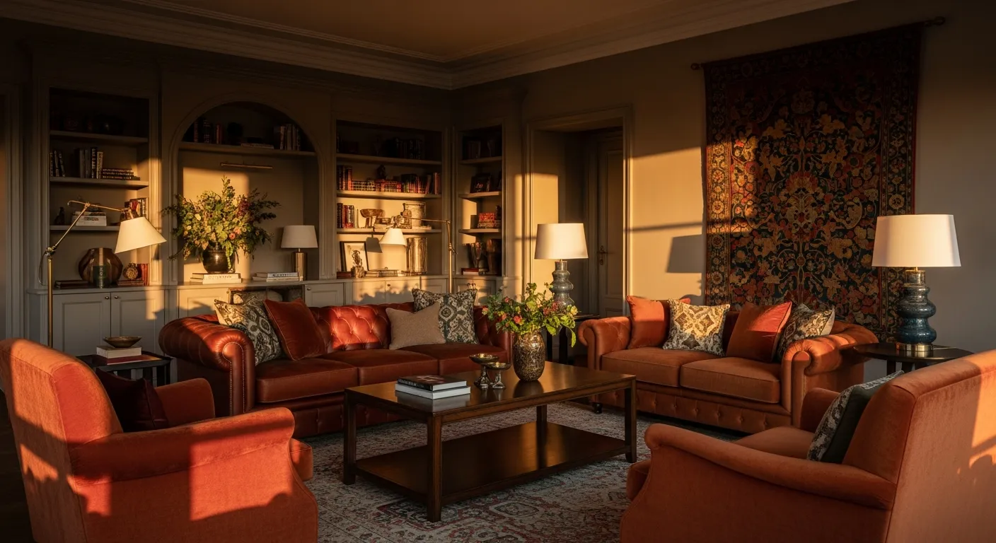 Timeless Classic Luxury Living Room ideas showcasing a burnt orange sofa and elegant gold details