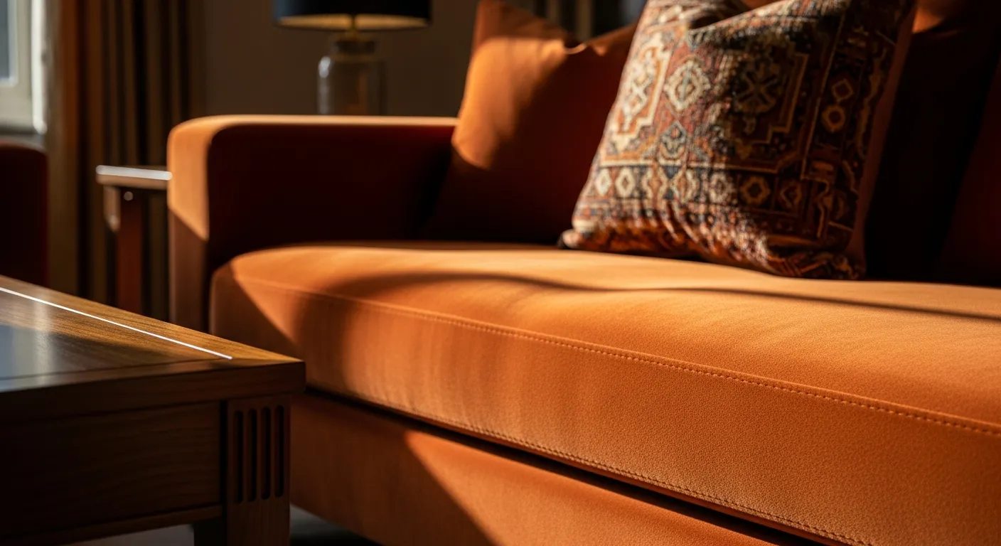 Essential furniture elements for Classic Luxury Living Room ideas featuring a burnt orange velvet sofa