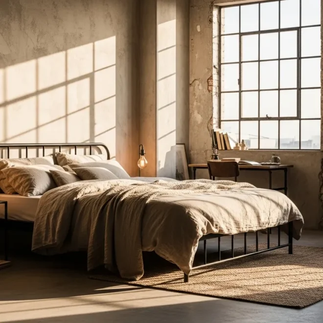 Beige industrial bedroom featuring raw textures, metal lighting, and cozy neutral soft bedding.