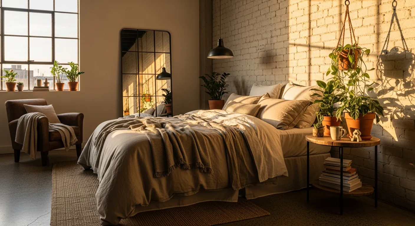 Styling tips for cozy beige industrial bedroom ideas, highlighting layered textures and warm ambient lighting