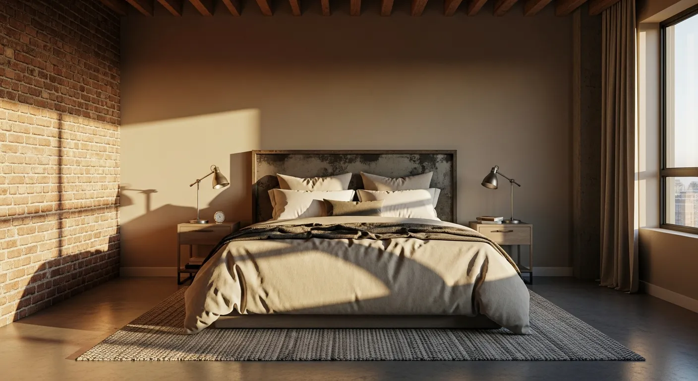 Cozy contrast in industrial bedroom ideas with dark metals and beige decor