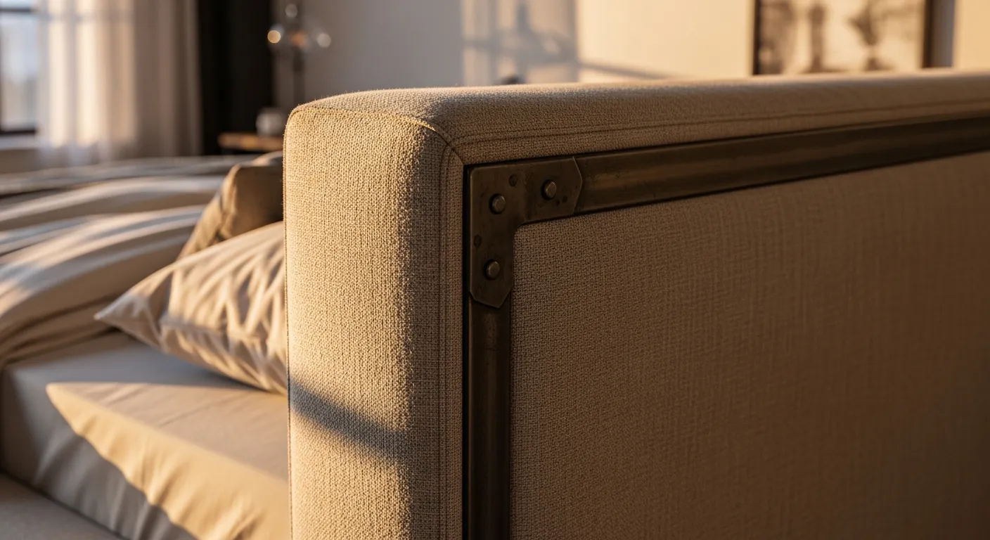 Essential furniture for industrial bedroom ideas, including a dark metal bed frame contrasted with soft beige textiles