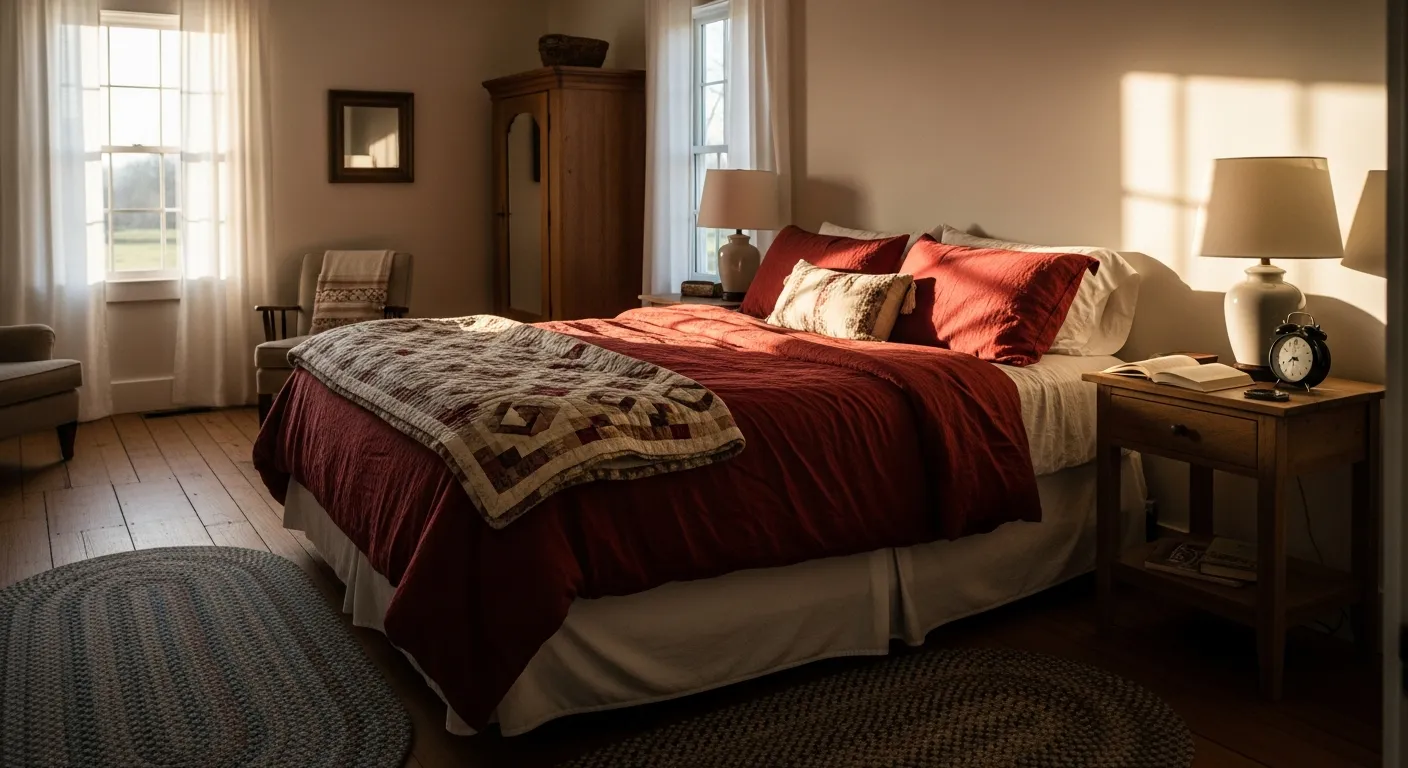 Weathered oak bed frame offset by deep dark red walls in a beautifully lit bedroom
