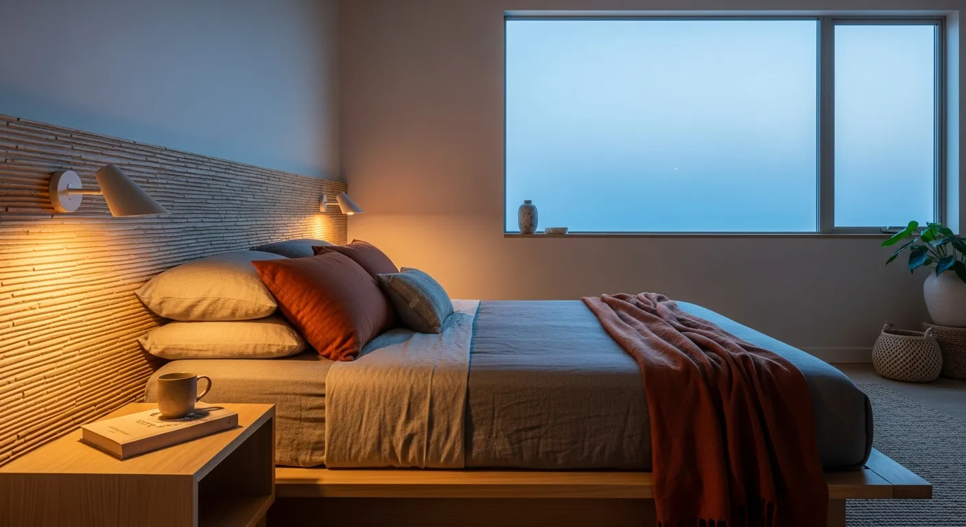 Serene Japandi bedroom featuring warm rust bedding, raw natural wood furniture, and ambient soft lighting