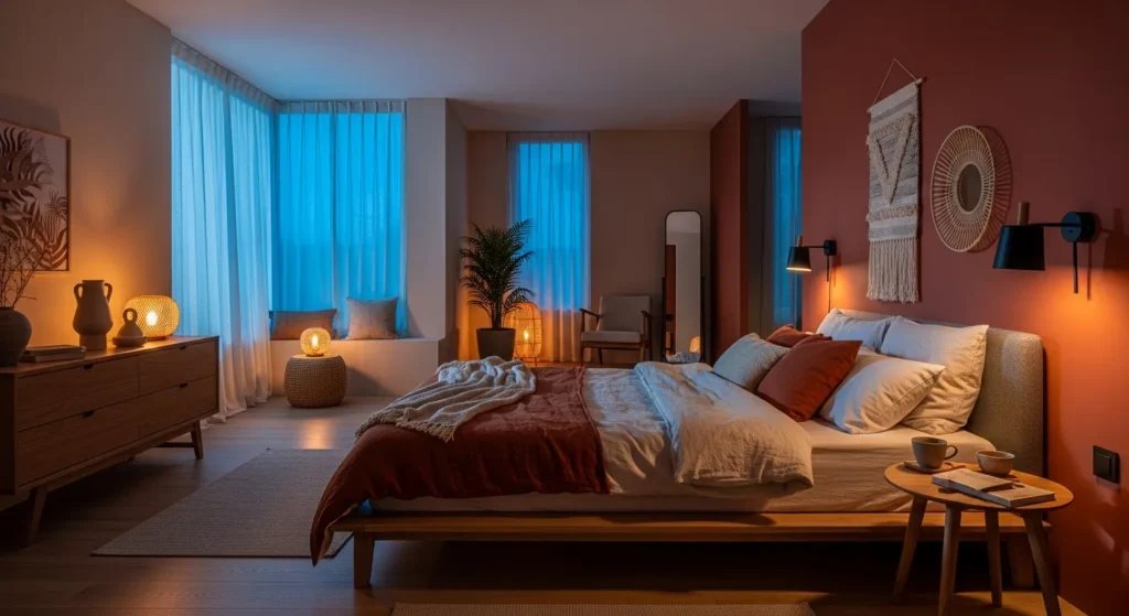 Minimalist Japandi bedroom featuring a warm rust linen duvet and natural oak wood furniture.