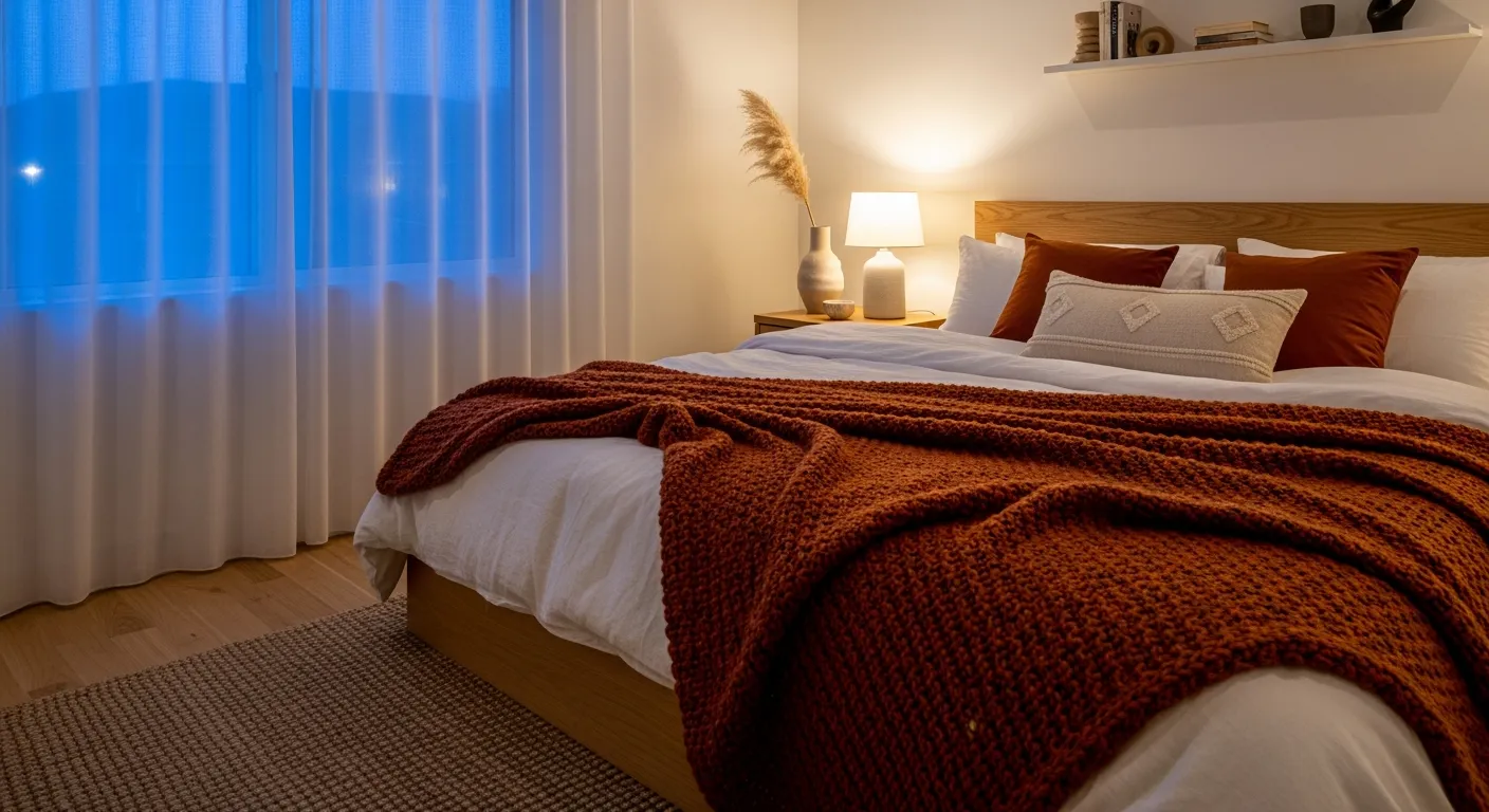 Minimalist Japandi bedroom featuring warm rust bedding, natural wood furniture, and soft neutral woven textures