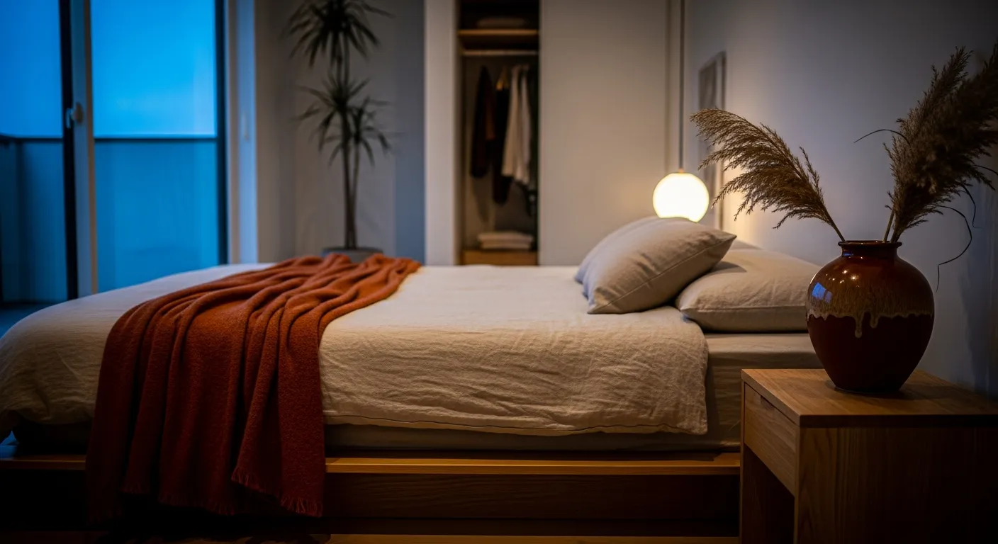 Low wood platform bed layered with earthy rust textiles in a soothing minimalist Japandi sleep sanctuary