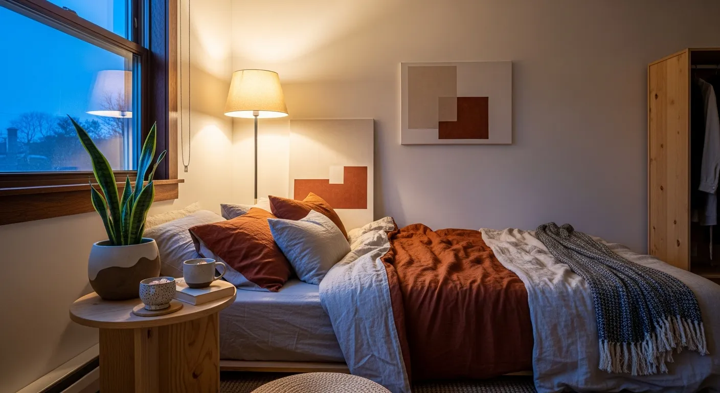 Minimalist Japandi bedroom featuring a low profile bed with rich rust bedding, wooden accents, and soft warm lighting