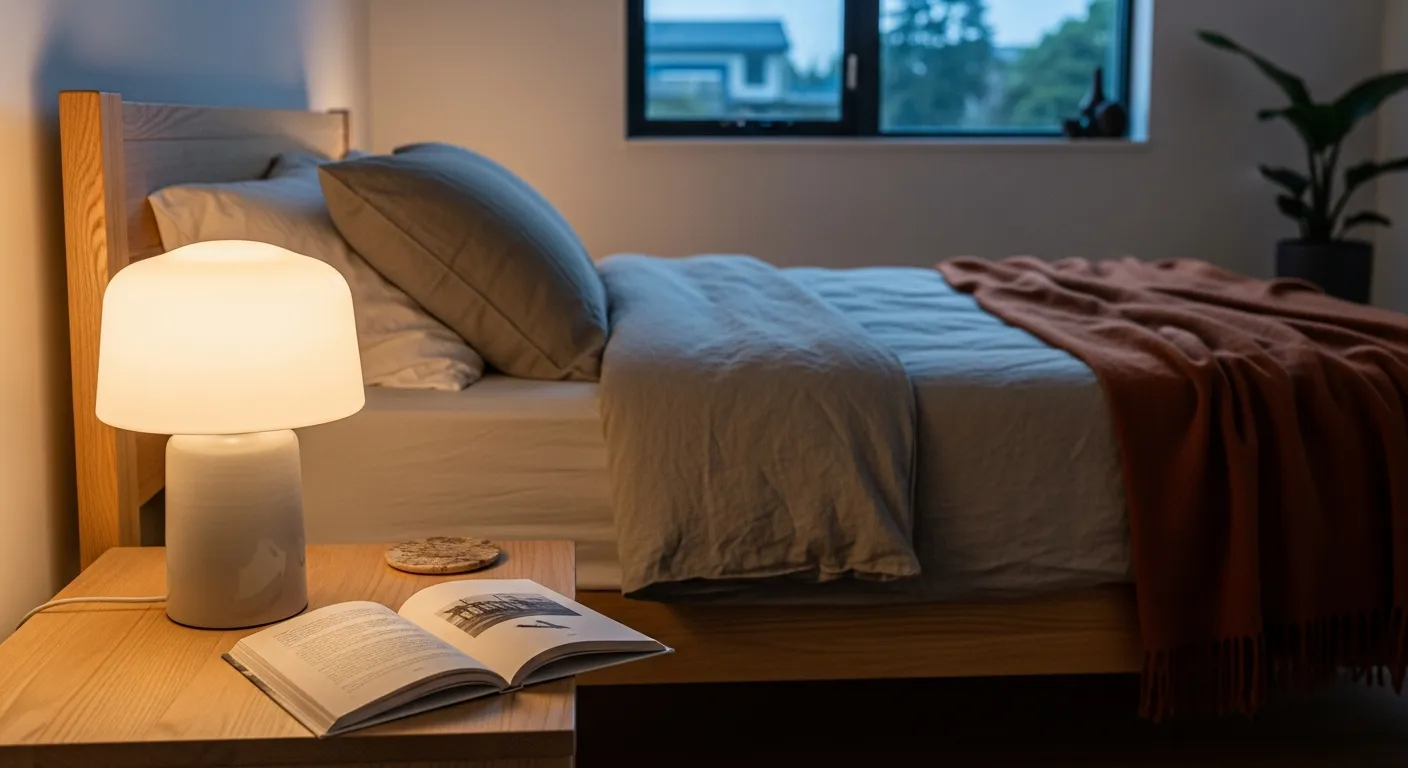 Minimalist Japandi bedroom featuring a low wood bed heavily layered with warm rust linen bedding