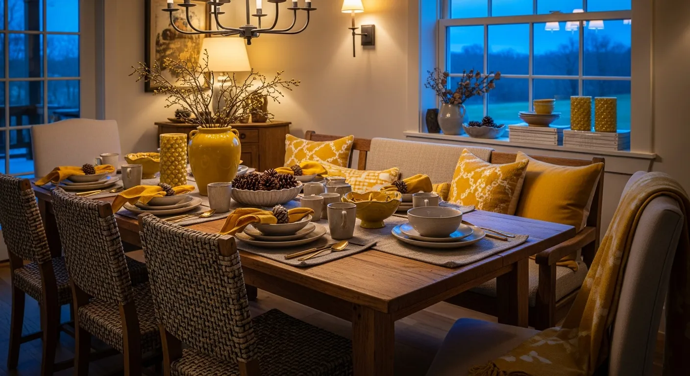 Warm yellow farmhouse dining room palettes highlighting rustic wood and soft buttery tones