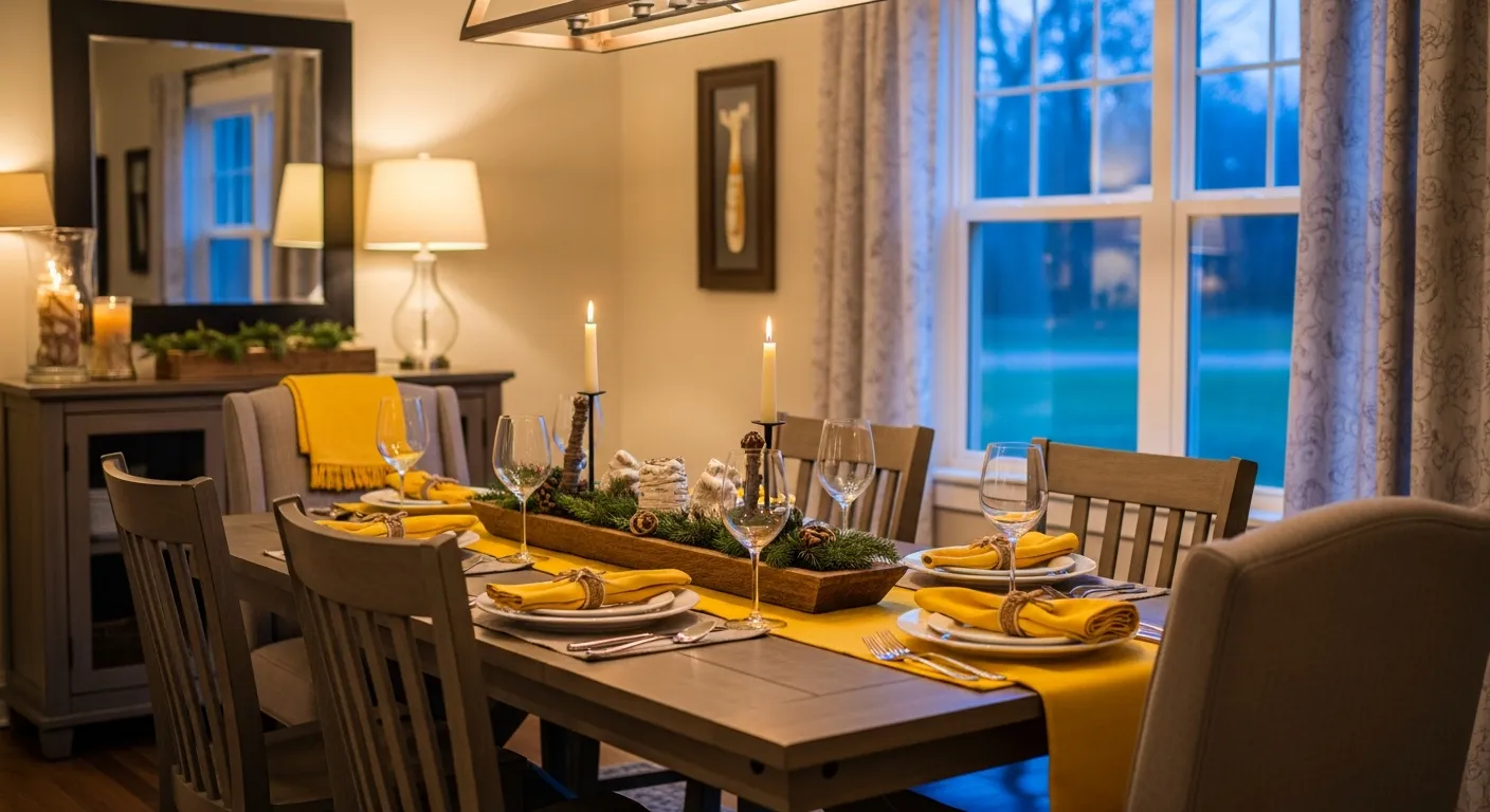 Affordable farmhouse dining room ideas featuring soft butter-yellow walls and weathered wood