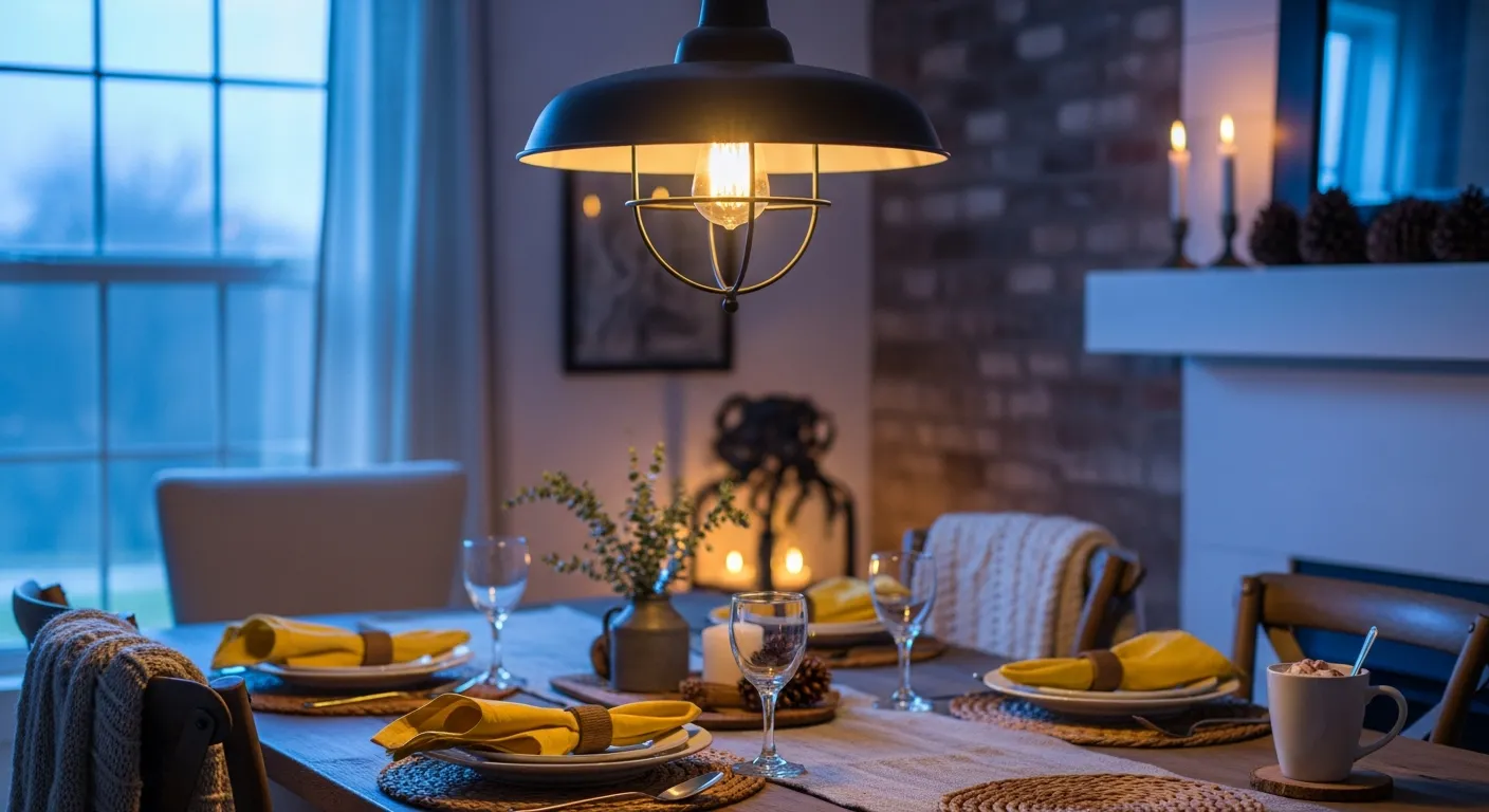 Cozy winter yellow farmhouse dining room ideas with a rustic wood table and vintage decor