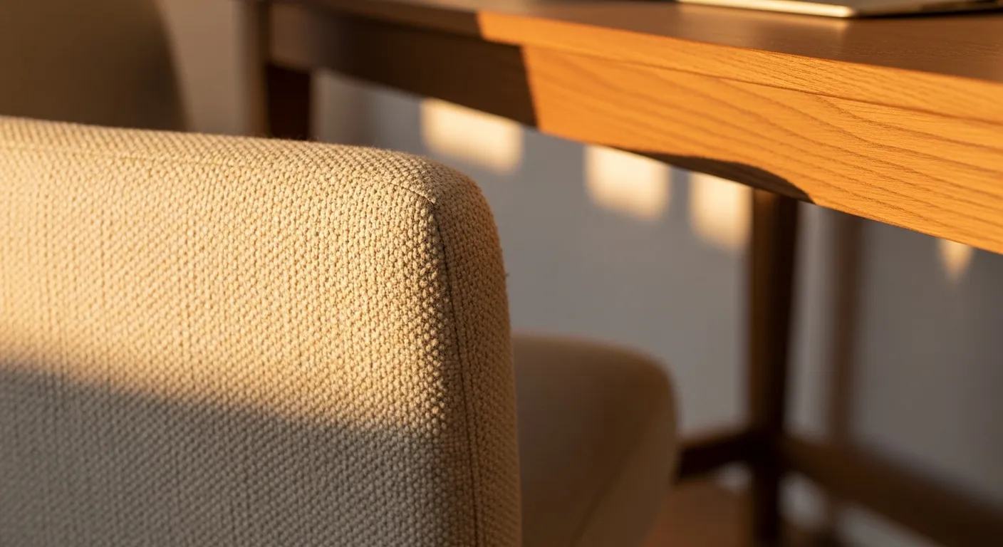 Essential minimalist furniture for cream Japandi home office setup featuring a light wood desk and organic textures