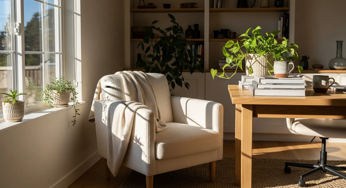 Affordable styling tips and Japandi home office ideas with neutral decor and light wood desk elements