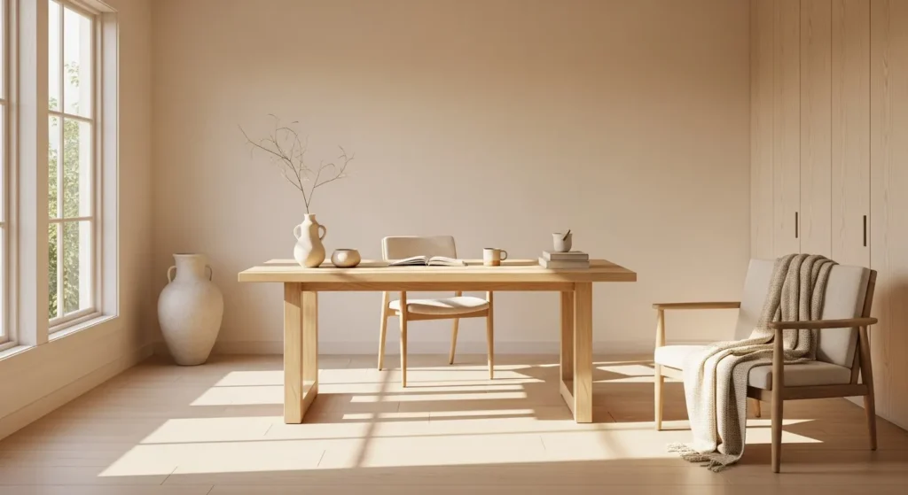 A serene cream Japandi home office featuring a minimalist wooden desk and neutral decor.