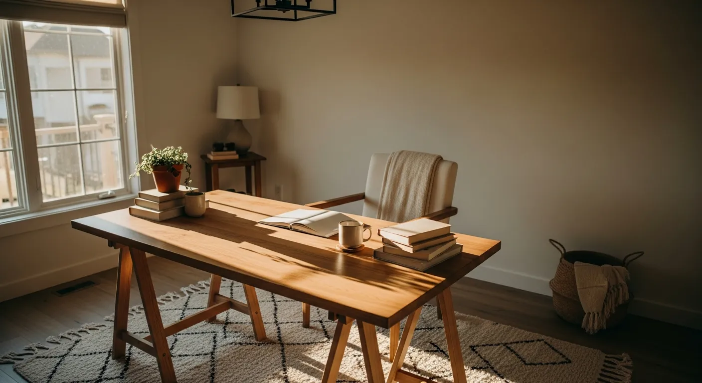 Budget friendly Japandi style home office with minimal wood desk and soft cream tones