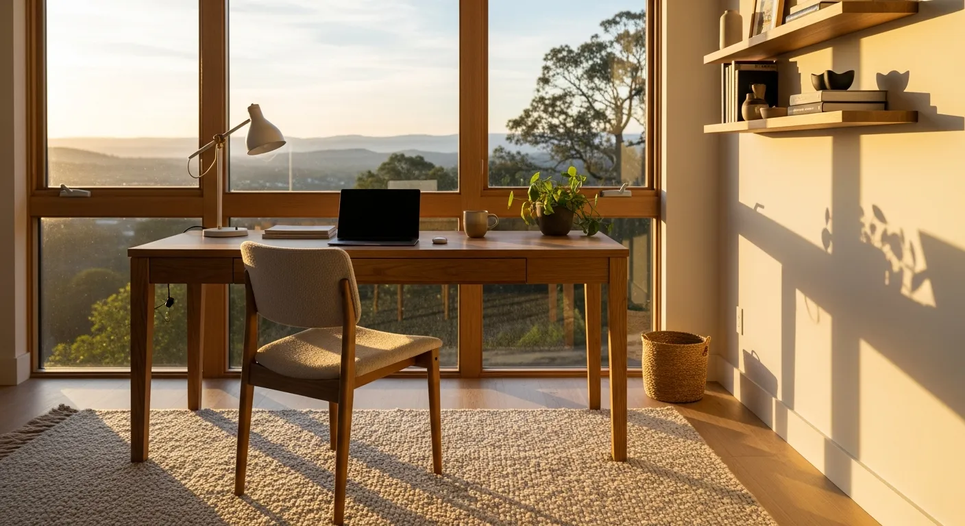 Organic textures in a serene cream Japandi home office workspace featuring natural light