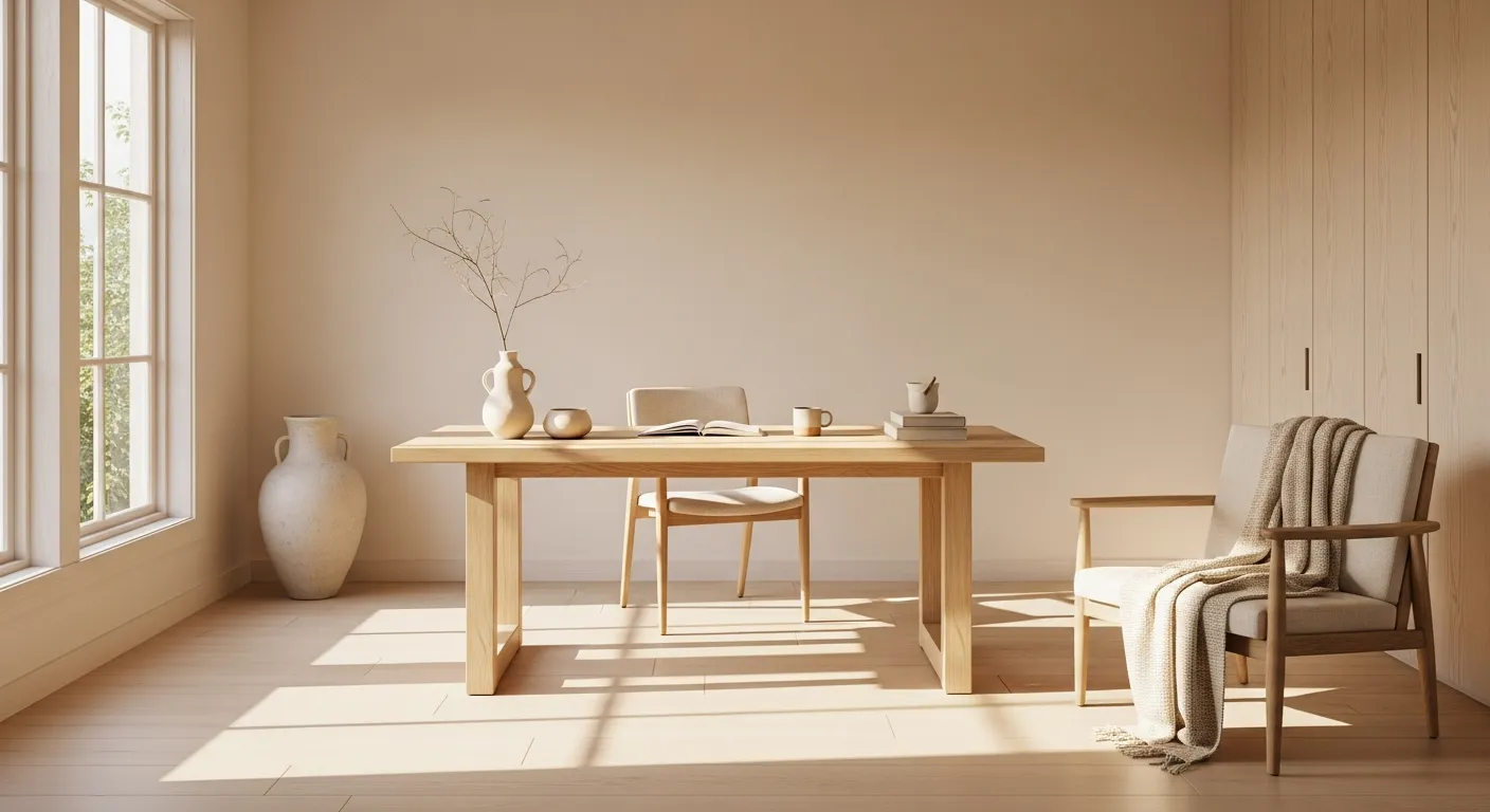 A serene cream Japandi home office emphasizing psychological calm with a minimalist wooden desk and neutral decor