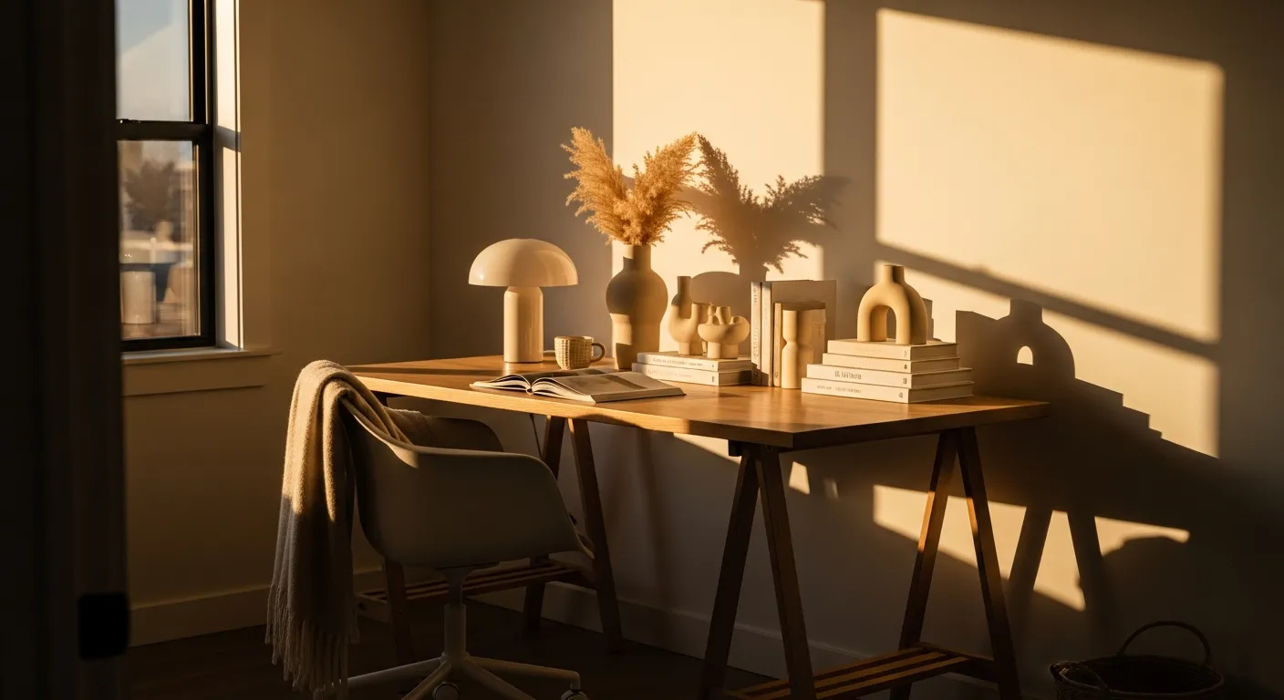 Color palette inspiration for cream Japandi home office design featuring soft natural lighting and warm wooden furnishings
