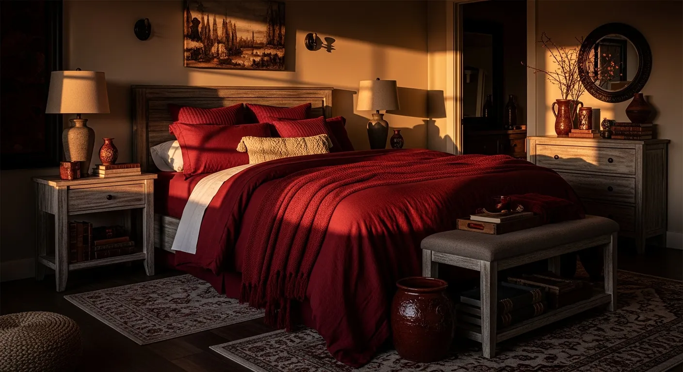 Dark red bedroom wall complementing a rustic wooden bed frame in a classic farmhouse layout