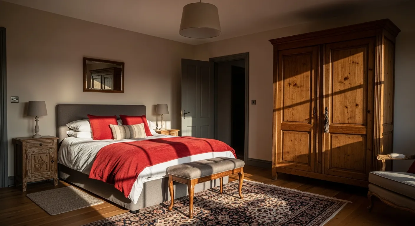Rich dark red tones contrasting with rustic wood nightstands and warm lighting in a bedroom