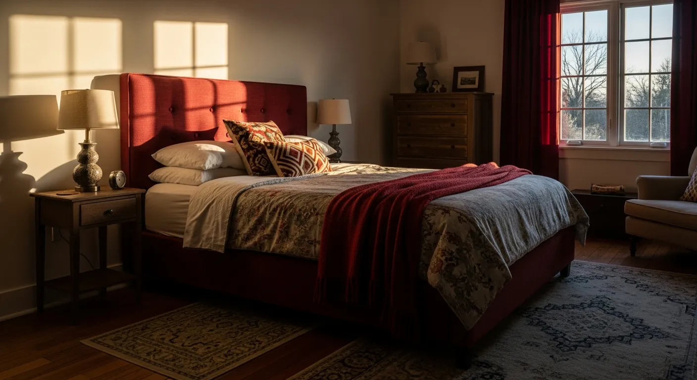 Deep crimson accents mixed with neutral bedding in a sunlit rustic farmhouse bedroom