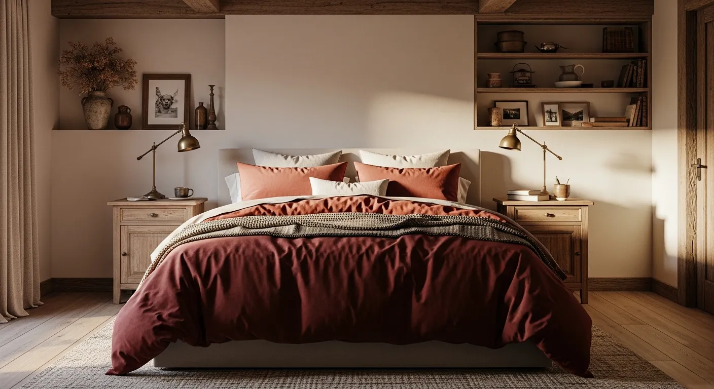 Vintage decor pieces resting on a rustic wooden nightstand next to dark red bedding