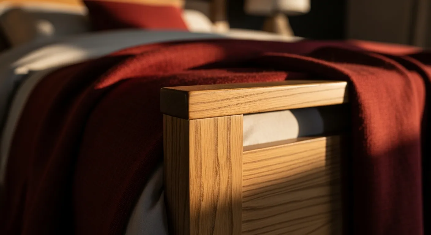 Essential farmhouse bedroom furniture featuring a rustic wooden bed frame and dark red textiles