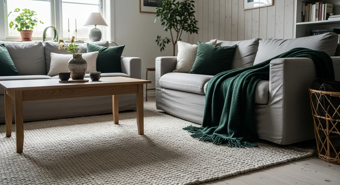Airy Scandinavian living room featuring an emerald green sofa focal point and light oak floors