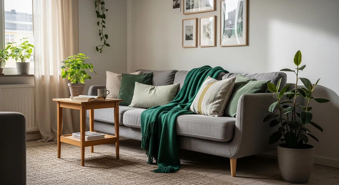 Bright Scandinavian living space highlighting an emerald green velvet sofa and natural wood