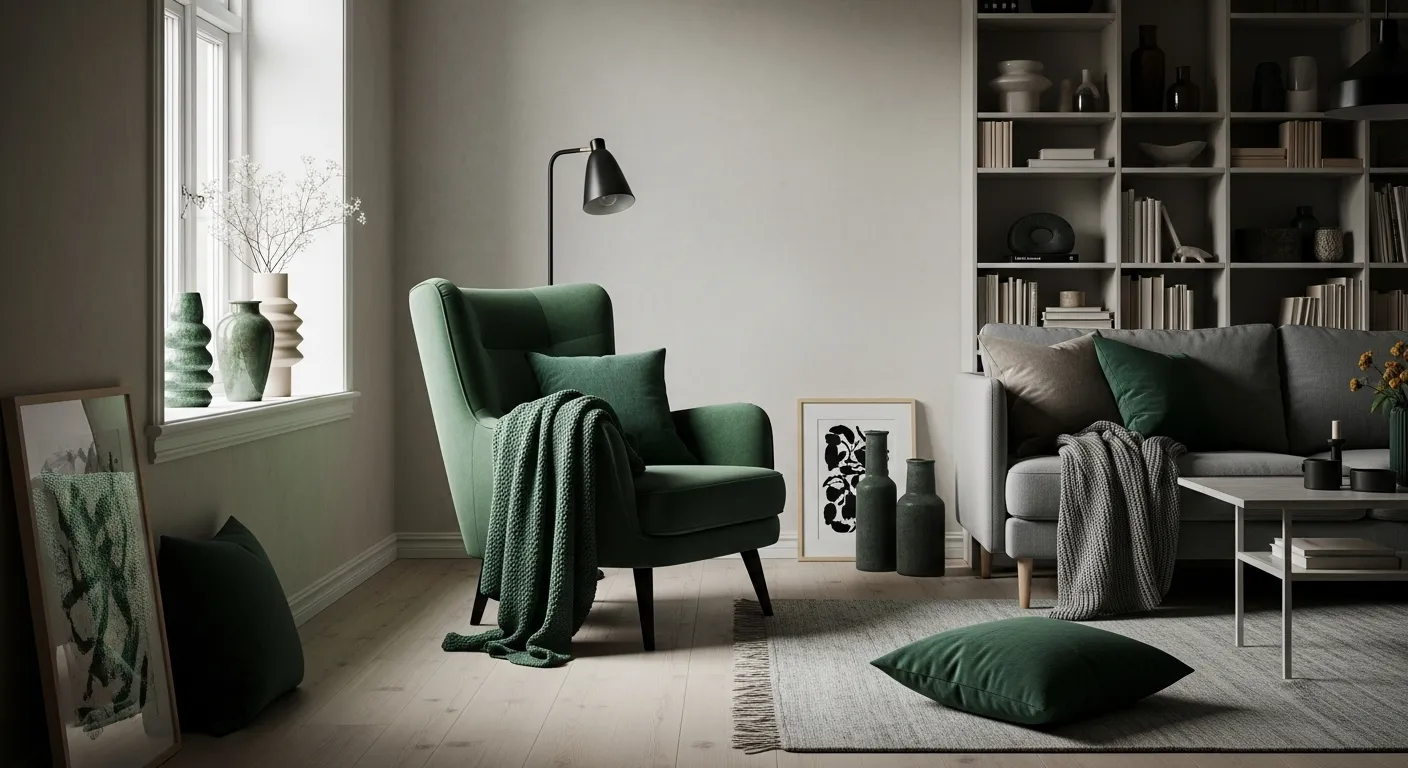 Light-filled Scandinavian living room decorated with an emerald green couch and warm wood