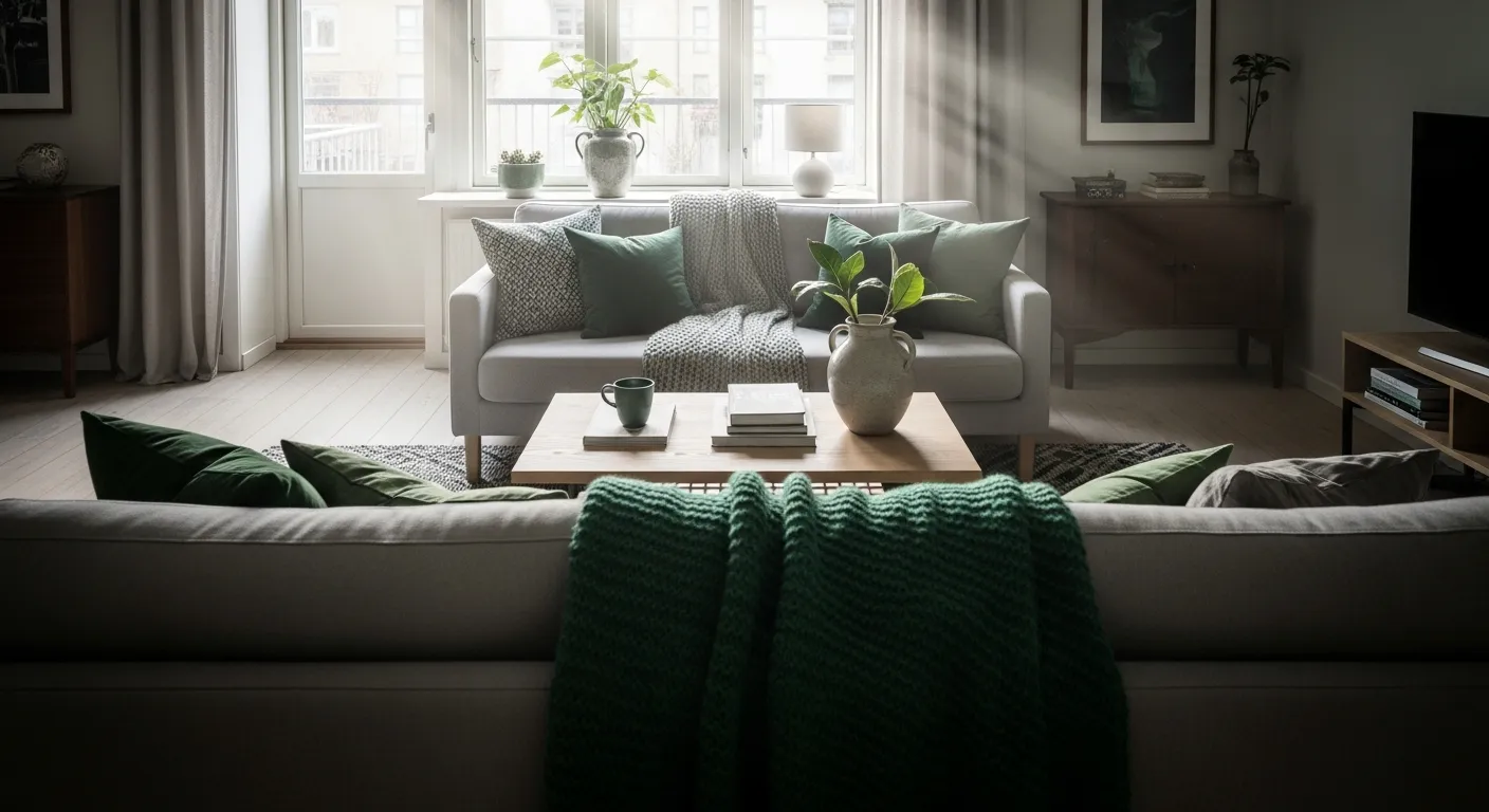Emerald green sofa anchoring a bright, minimalist Scandinavian living room with oak accents